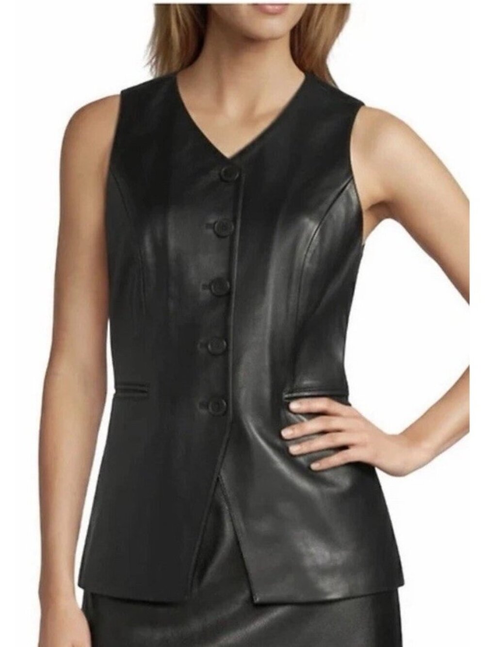 Antonio Melani Black Leather Vest Size 8 Sleek Minimalist Business Casual NWT
